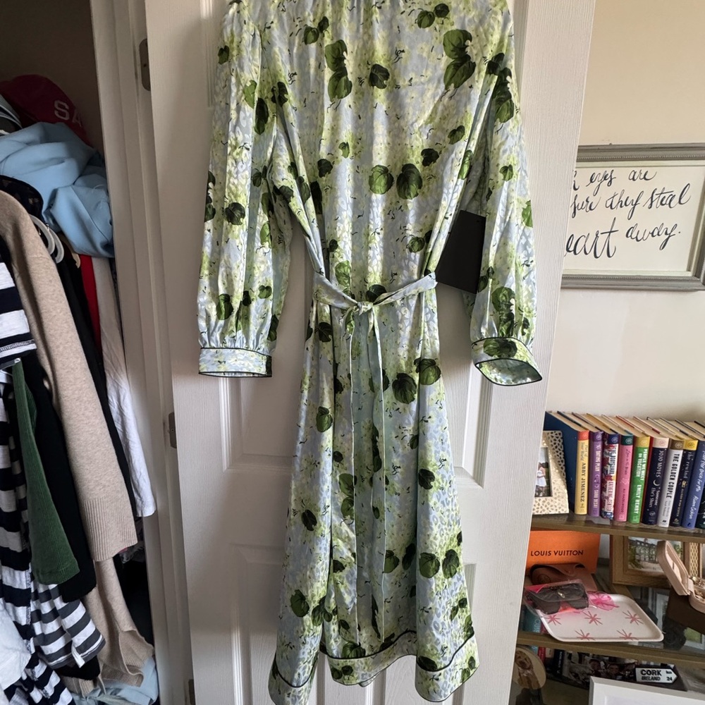 Tuckernuck Green and White Wrap Tie Front Sundress with 3/4 Bishop Sleeves
